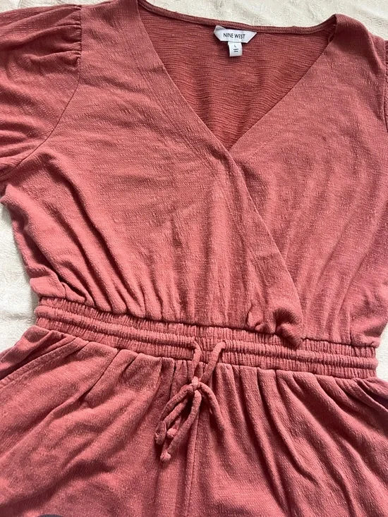 Nine West Rust Dusty Rose Romper Size L Puff Sleeve Elastic Waist Casual Summer - Picture 5 of 10